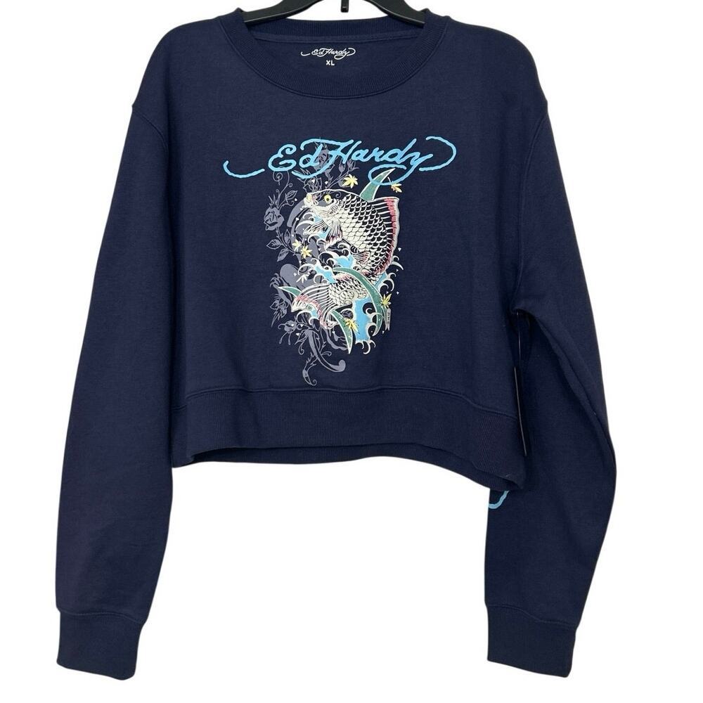 Ed Hardy Cropped Sweatshirt XL Navy Eclipse Koi Fish Graphic Y2K Tattoo NWT